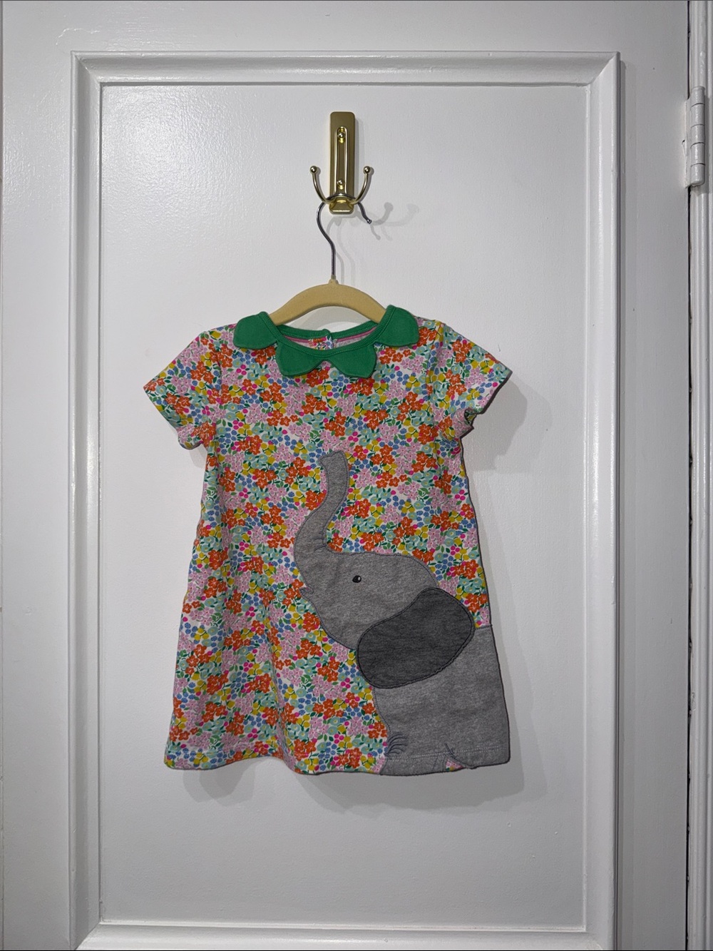 Baby Boden Floral Dress with Gray Elephant and Green Collar
